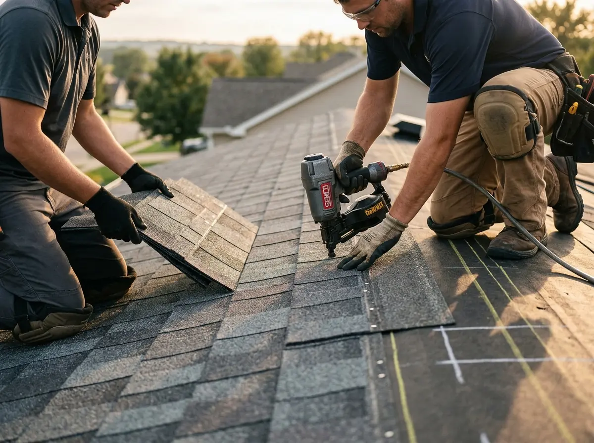 Professional roofer working on a residential roof in Flushing